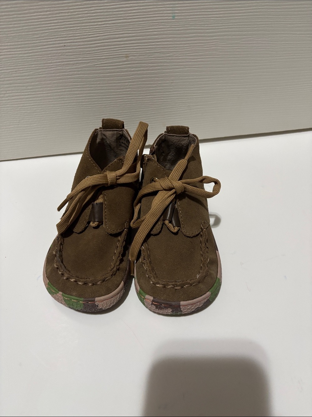 Livie & Luca green Suede Moccasin Boots with Camo Sole Accents